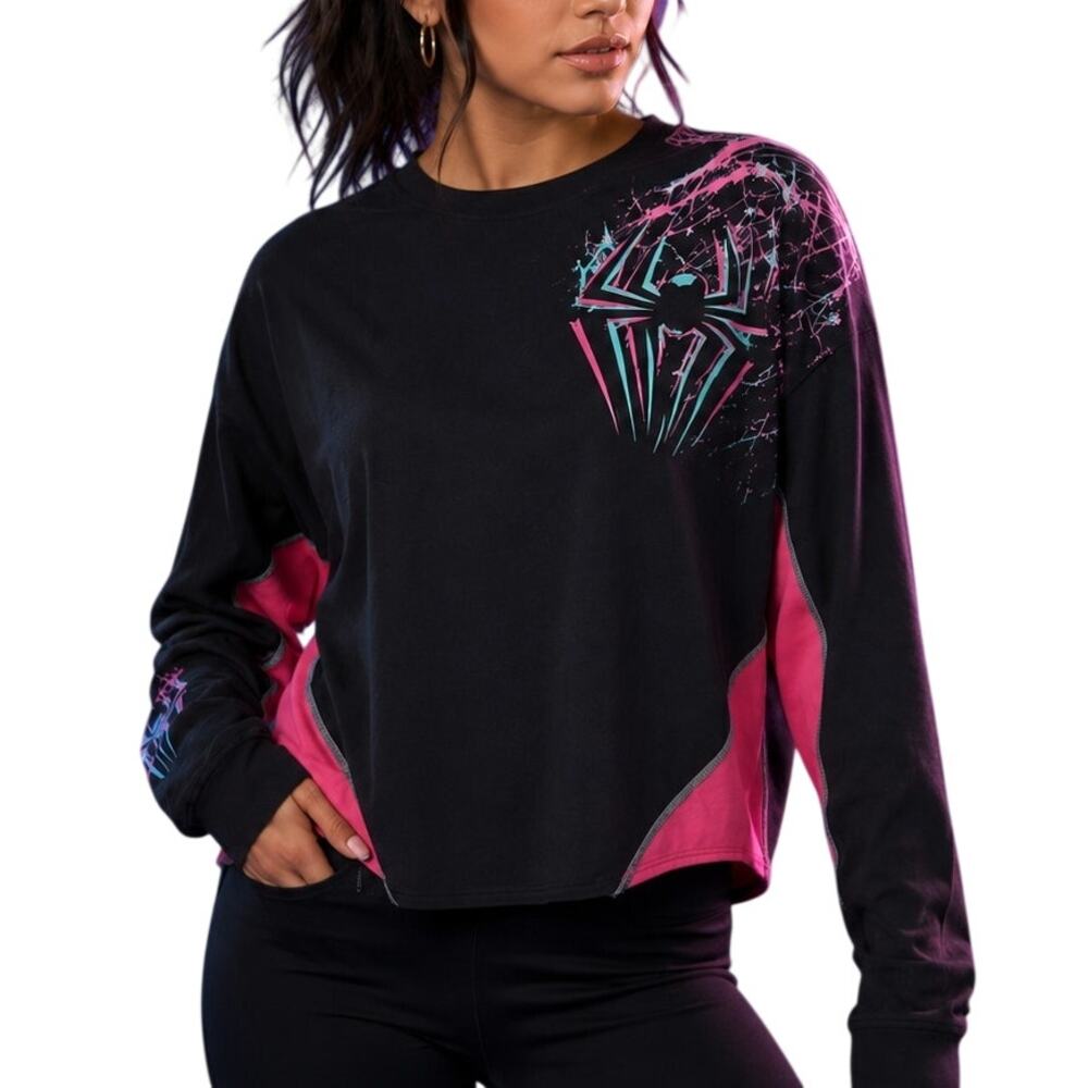Marvel Black Long Sleeve Spider Logo Tee with Pink Accents